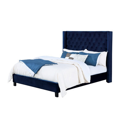 King Size Navy Bed Frame With Button Headboard, Wingback Design, Solid Wood And Velvet - Like Fabric For Bedroom Decor Base, Upholstery Headboard