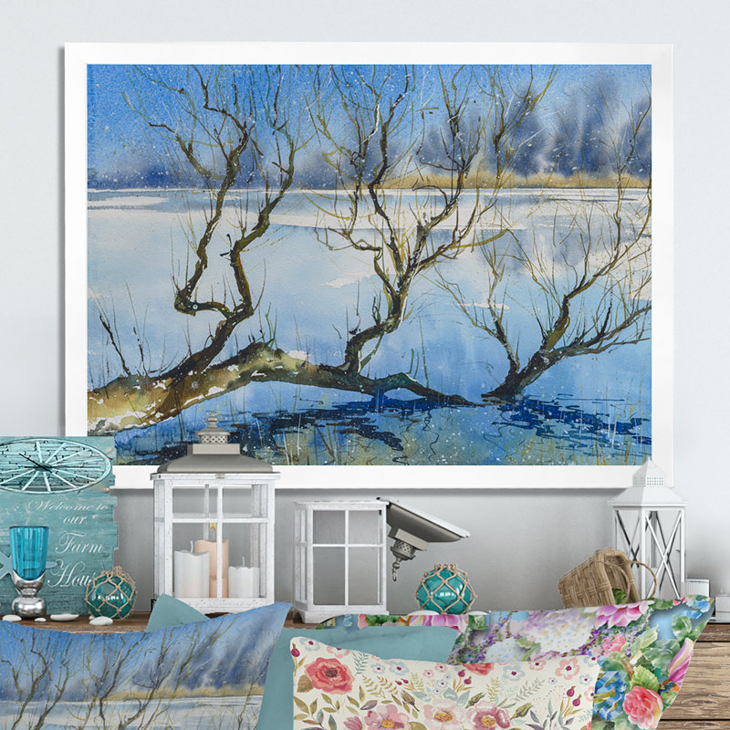 Arbre dans un lac d'hiver - reproduction d'art sur toile, H 30 po x l 40 po x P 1,5 po, Cadre blanc