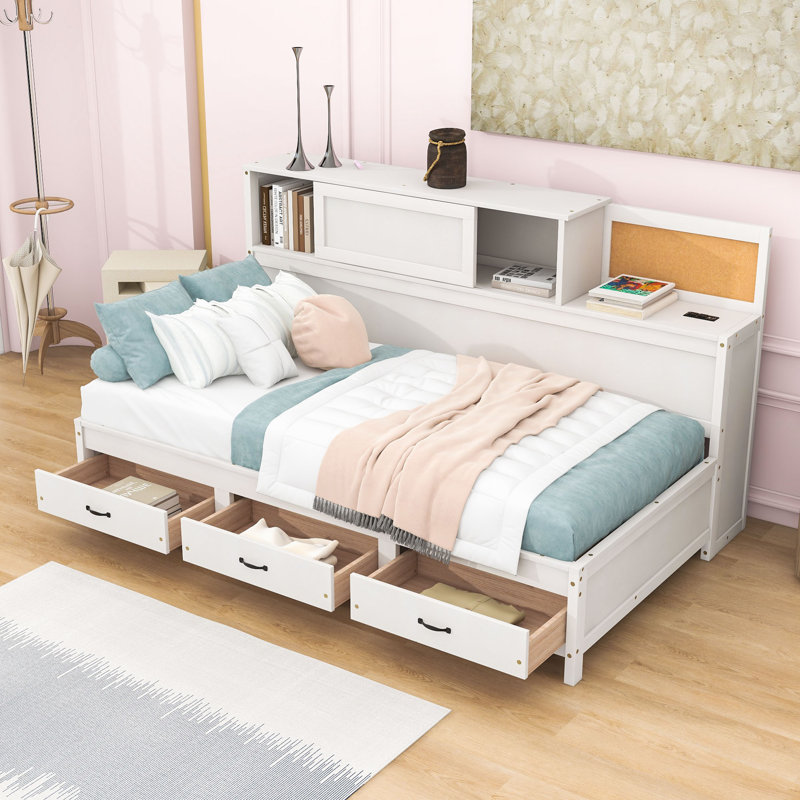 3 Drawers Wooden Daybed with Pushable Shelf, USB & Socket Charging Station, Gray, Twin