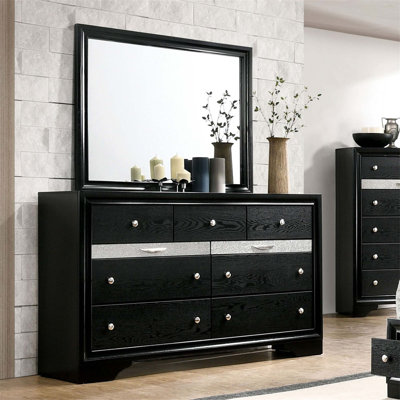 Commode glamour avec miroir et tiroir à bijoux cachés, fabrication en queue d'aronde anglaise, accents argentés pour les chambres élégantes