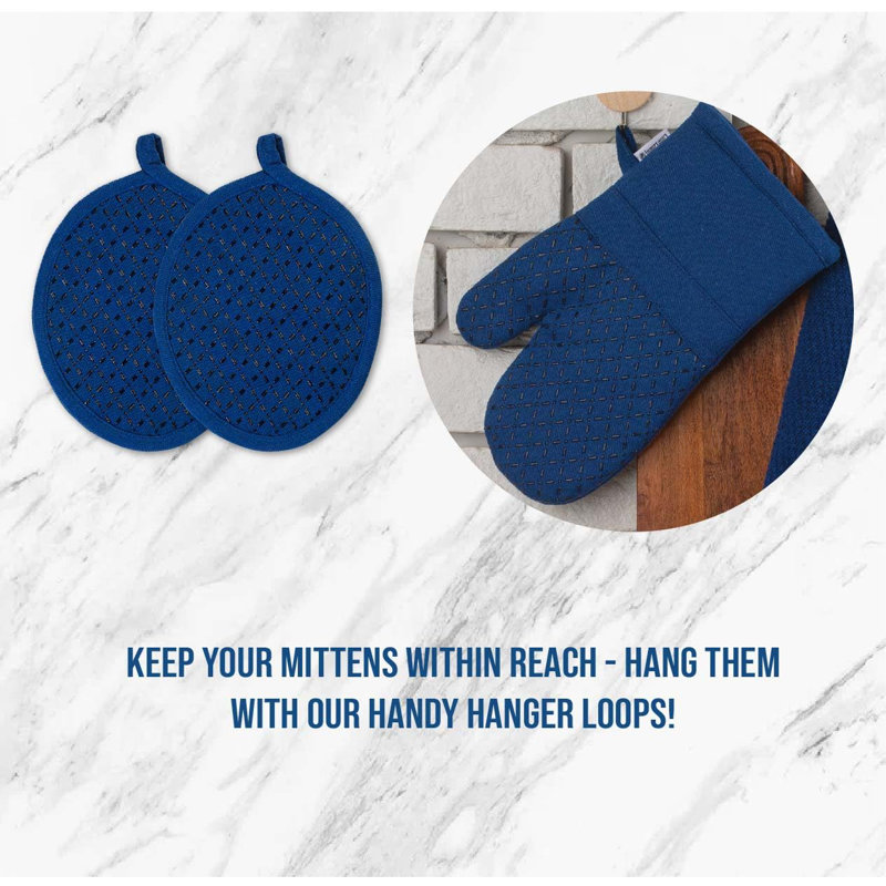 Indigo Cotton Kitchen Towel Set with Silicone Oven Mitts and Pot Holders, 16-Piece