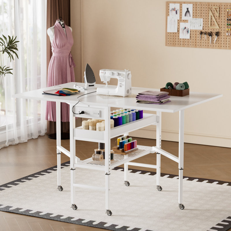 Table de bricolage pliable à hauteur réglable avec roulettes, table de découpe à coudre avec station de charge, table de découpe pliante mobile pour grand tissu