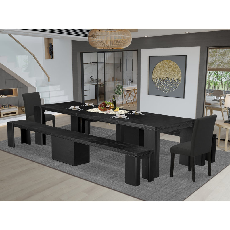 Ensemble de table de salle à manger 5 pièces comprenant une table de salle à manger rectangulaire, 2 bancs en bois et 2 chaises de salle à manger en tissu de lin noir, noir brossé