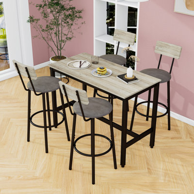 Ensemble de table de bar rustique 5 pièces avec structure robuste et 4 tabourets en cuir synthétique
