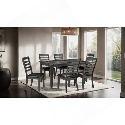 Simple Classic Dark Gray 7Pc Dining Set Faux Marble Top Dining Table 6Xside Chairs Leatherette Seats Dining Room Furniture
