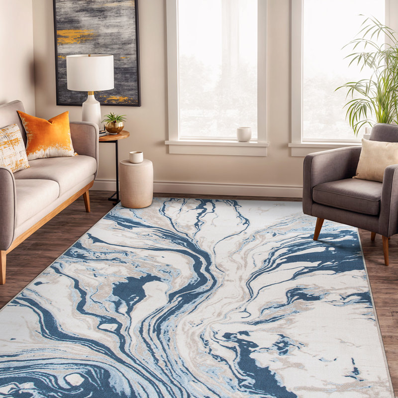Contemporary Watercolor Wave Abstract Non Slip Area Rug, Rectangle 5' x 7'