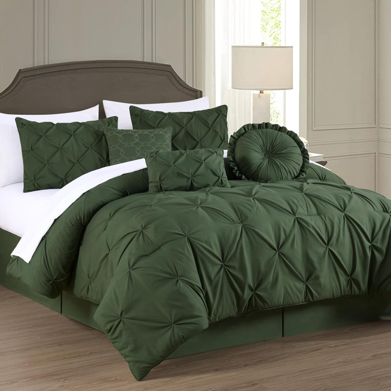 Ensemble d'édredon en microfibre 7 pièces Sydney Pintuck, Édredon de grande taille et 6 pièces supplément, Vert forêt
