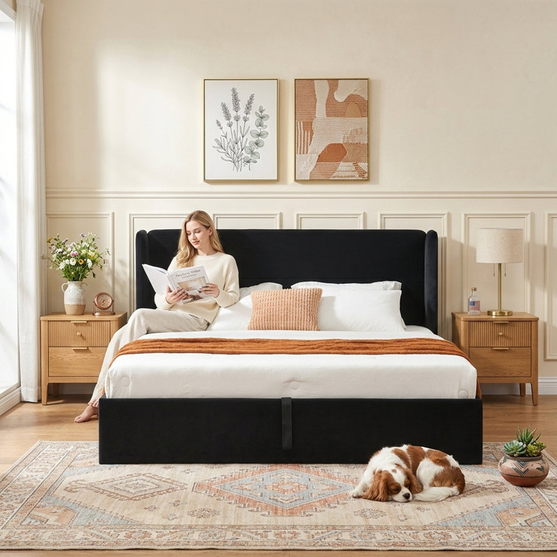 Lit plateforme tapissier avec rangement Gaillarde, Très grand, Noir