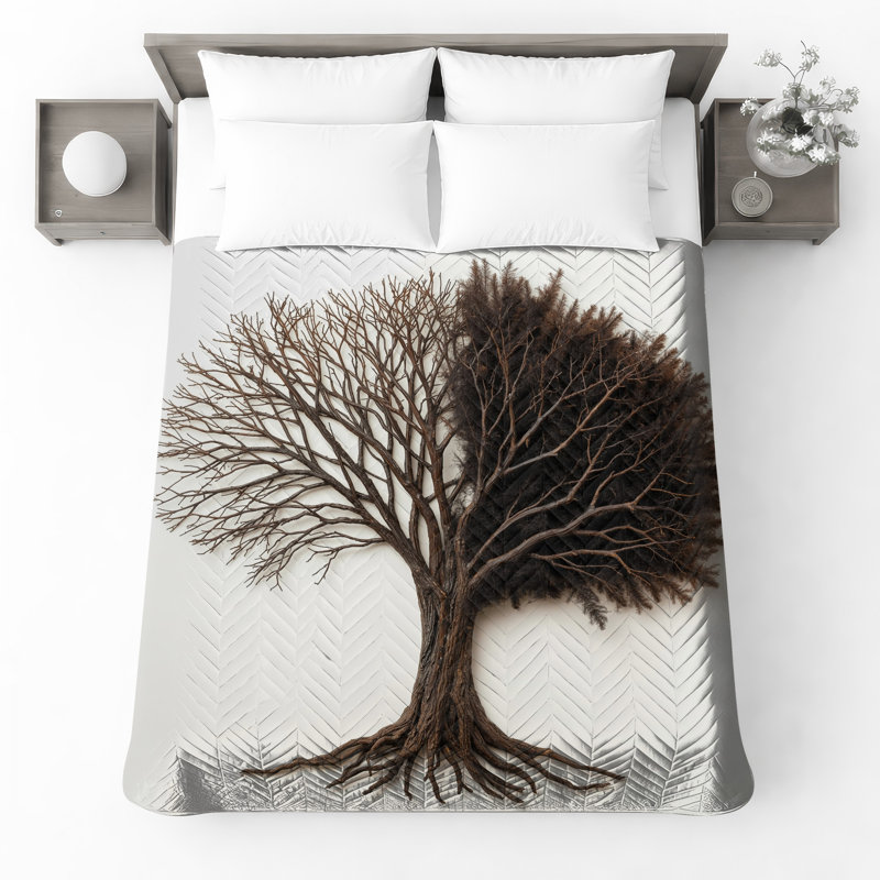 Half Leafless Tree Quilted Bedspread All Sizes, Twin
