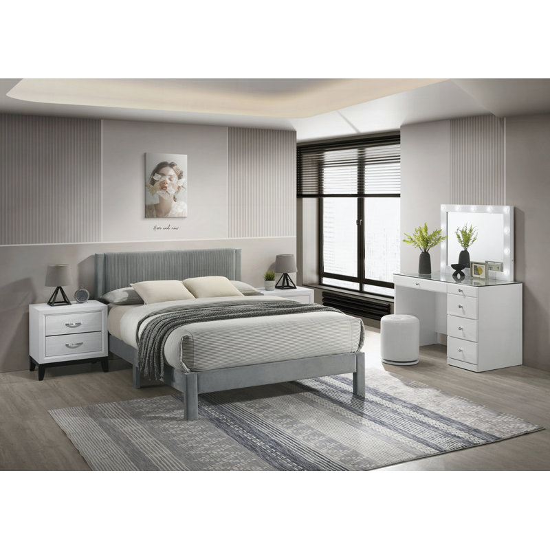 Mobilier de chambre à coucher avec lit plateforme moderne, Gris clair, Full