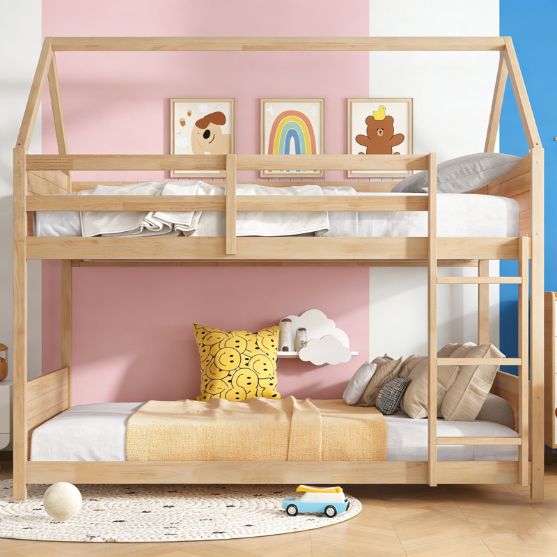 Twin Over Twin Solid Wood House Floor Bunk Bed With Ladder, Oak