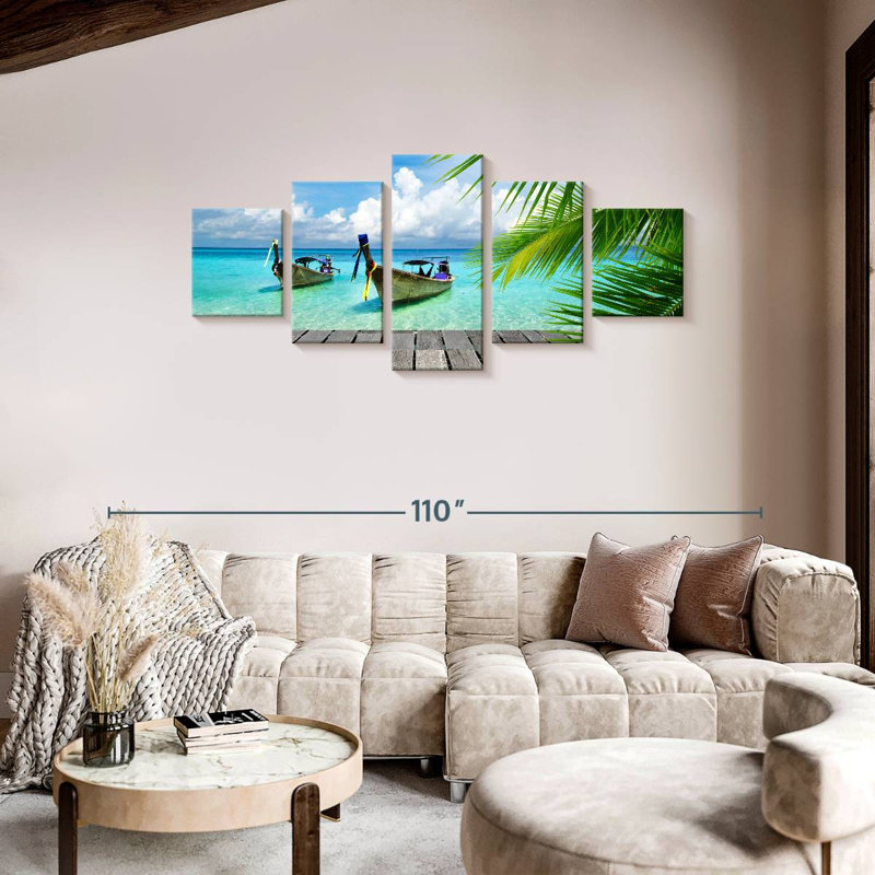 Bateaux sur une île tropicale, quai sur toile, ensemble de 5 pièces, H 80 po x l 36 po x P 1,25 po