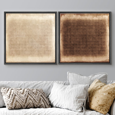 Neutral Vintage Checkered Grid Minimal Abstract Beige Brown Design Framed Master Bedroom Wall Art Work 2 Pieces Print