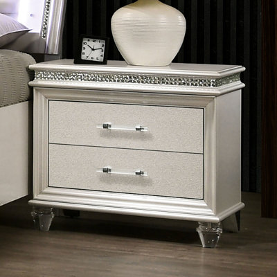 Bedroom Nightstand With 2 Drawers, Pearl White, Crystal And Wood White Nightstand, Metal Trim