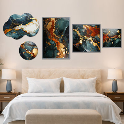 «Gold» et «Serene Marble Dream III» surdimensionné, impression sur toile abstraite et métal, ensemble de 5 (100 po x 40 po)