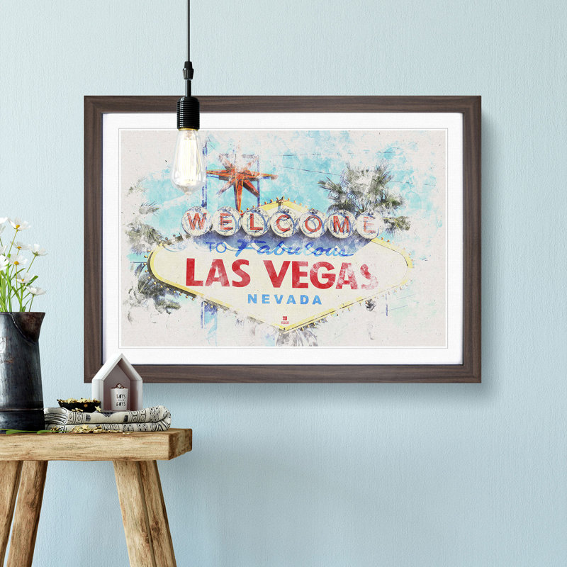 The Welcome to Las Vegas Sign - Picture Frame Painting Print, 33cm H x 45cm W x 2cm D, Walnut Framed