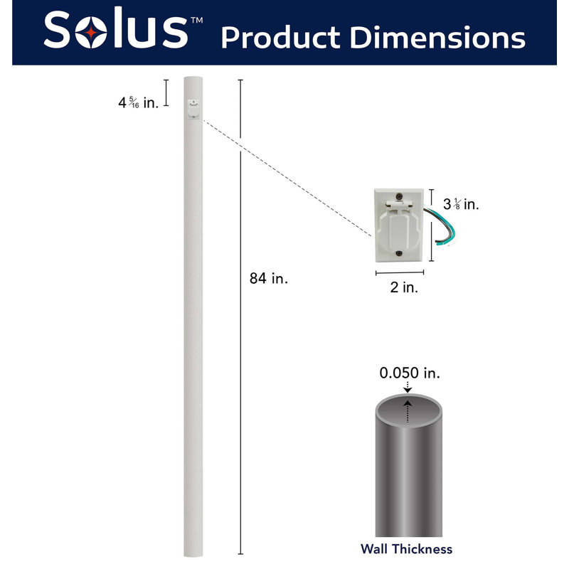 Solus 7, 8, or 10 ft. Outdoor Hardwired Direct Burial Lamp Post with Convenience Outlet, White, 84" H x 3" W x 3" D