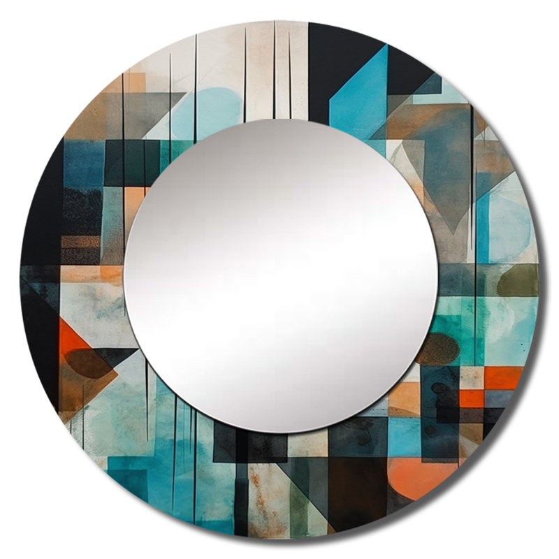 Rainar Orange Abstracted Geometric Explorations I - Geometric Decorative Wall Mirror, Modern Round Mirror, Printed Metal Art