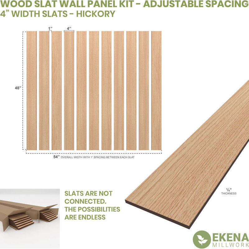 Adjustable Wood Slat Wall Panel Kit, 4"W x 47"H x 0.25"T, Hickory