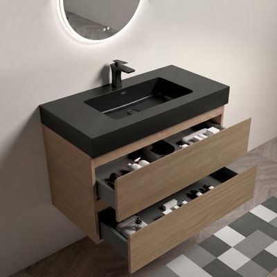 Meuble-lavabo mural 36 po avec évier, grand meuble-lavabo flottant mural pour salle de bain moderne, lavabo une pièce noir sans bonde ni robinet, pré-assemblé