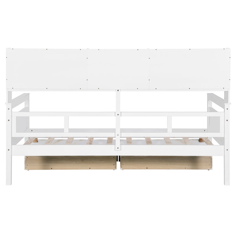 White Twin Size Daybed Featuring Wood Slat Support, Bedside Shelves, And Two Under - Bed Drawers Good For Small Living Spaces Bedrooms