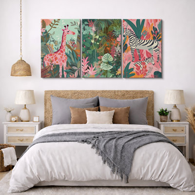 Bright Preppy Animals Dreamy Safari Pink Green Animal Illustrations, Boho Nursery Kid's Room Decor Pictures, Giclee Canvas Digital Print Framed Wall Art