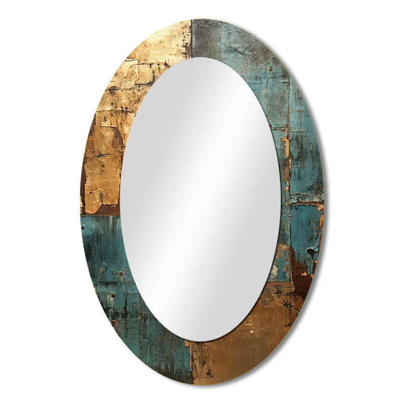 Kintsugi Retro Glam Vintage Gold On Turquoise - Abstract Oval Decorative Mirror On Metal, 36" x 24"
