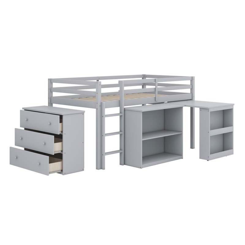 Structure de lit mezzanine en bois d'hévéa avec garde-corps de sécurité, bureau coulissant, tiroirs et armoire à tablettes