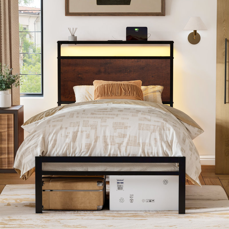 Antioch Twin Bed with LED Light and Charging Station, Metal Platform bed with Storage Headboard, No Box Spring Needed, Brown
