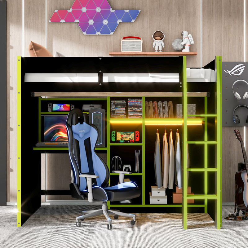 Lit mezzanine double avec bureau intégré, Vert