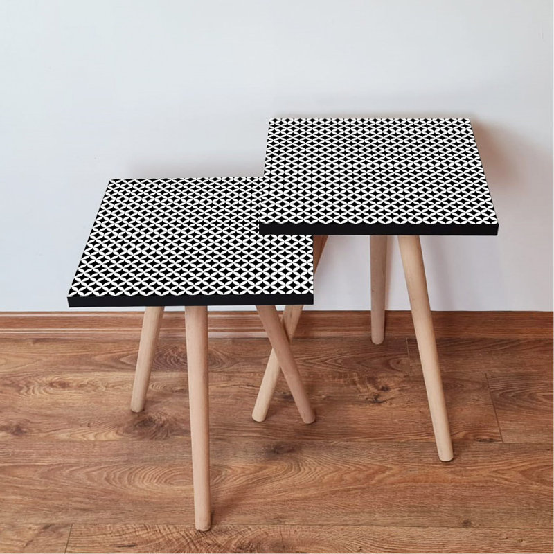Modern Nesting Table Set (2 Pieces), Black & White Geometric Design, 13.8 x 18.5 x 13.8 inches | 100% MDF with Beech Wood Legs, Thickness: 0.7 inches | Stylish & Functional for Living Room or Office Decor