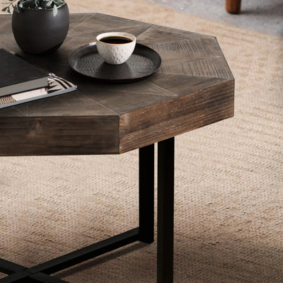 Table basse octogonale rétro avec pieds en métal, brun antique pour la décoration de la maison