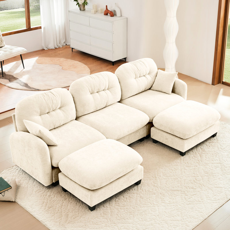 Structure modulaire à 3 places avec chenille beige, structure plissée, à ressorts et en éponge, 2 coussins décoratifs, siège à agencement de sièges flexible, facile à positionner