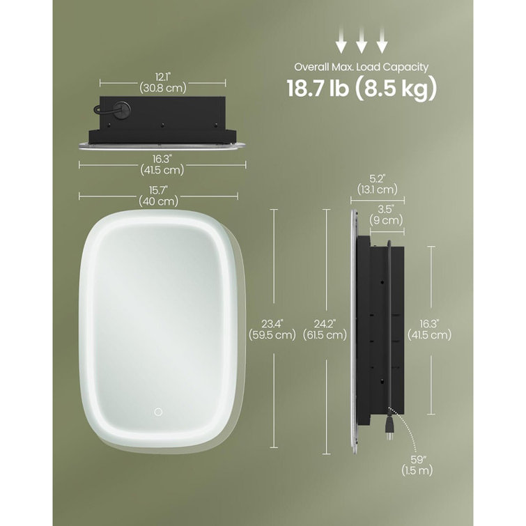 Medicine Cabinet with Mirror and Lights, Wall-Mounted Bathroom Wall Cabinet with Charging Station, 2 AC Outlets