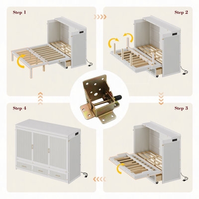 Armoire murale multifonctionnelle avec station de charge USB, lit escamotable vertical avec tiroirs, lit escamotable mural peu encombrant avec verrou de sécurité et dispositif anti-basculement