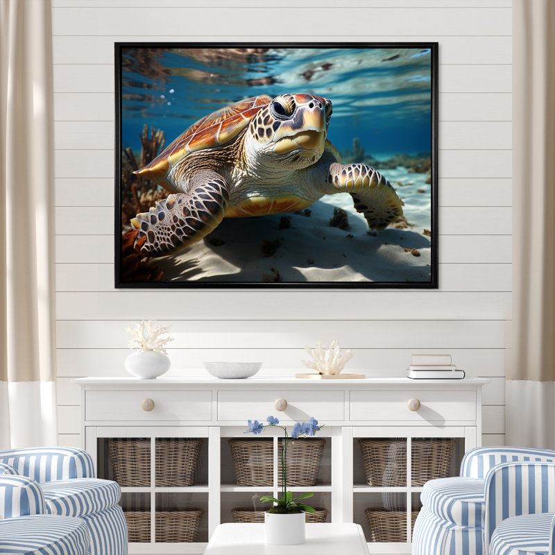 Minimalist Lagoon Turtle sur toile, Cadre flottant noir, H 16 po x l 32 po x P 1 po