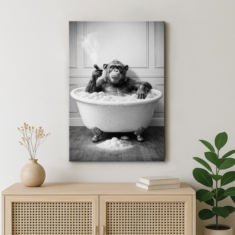 Illustration humoristique de singe de bain avec cigare noir et blanc, H 24 po x l 16 po x P 1,5 po, Toile tendue
