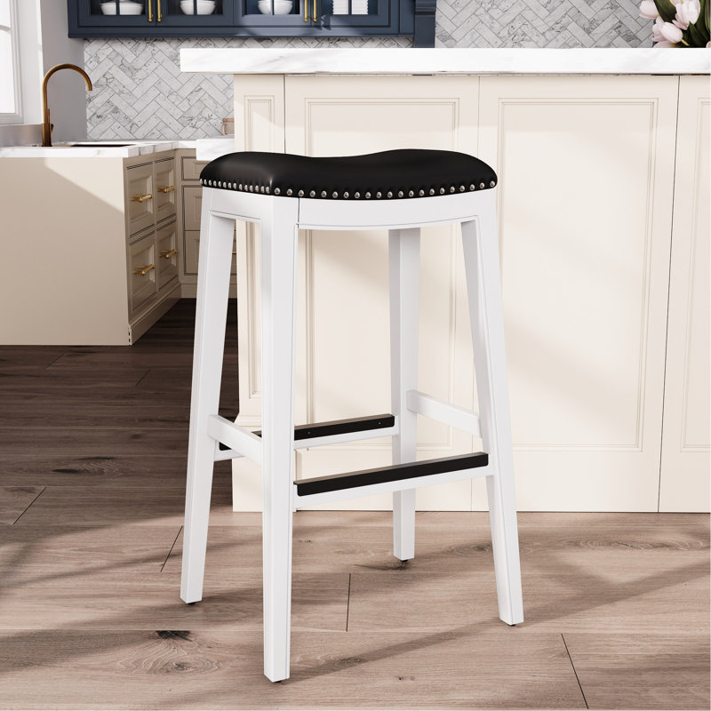 Tabouret de bar de 30 po au fini blanc avec cuir noir, confortable et idéal pour la cuisine