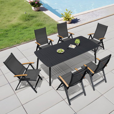 Ensemble de salle à manger rectangulaire pour patio pour 6 personnes avec trou pour parasol, structure en aluminium et fauteuils inclinables pliés L 81,5 po x l 38 po