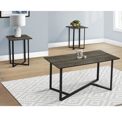 Ensemble de table, ensemble de 3 pièces, café, bout, salon, stratifié brun foncé, métal noir, contemporain, moderne