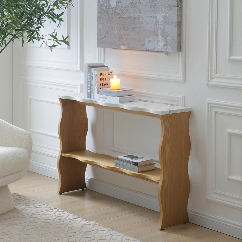 47.24" Whisper Of Waves Modern Console Table W/ White Marble-Pattern Top, Solid Wood Veneered Sofa Table W/ Open Storage Shelf, Entryway Table For Living Room