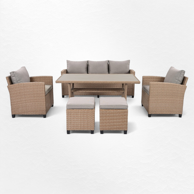 Ensemble de salle à manger modulaire en rotin avec coussins 6 pièces Anthwan, Gris, Naturel