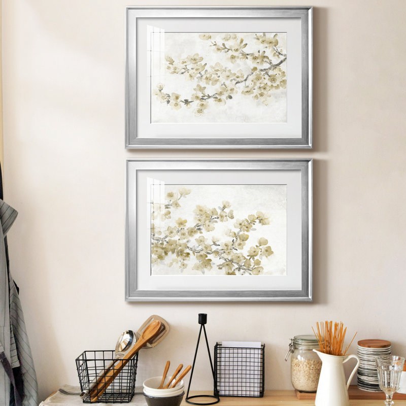 " Neutral Cherry Blossom Composition I " 2 - Pieces, 24.5" H x 37" W x 1" D, Silver Framed