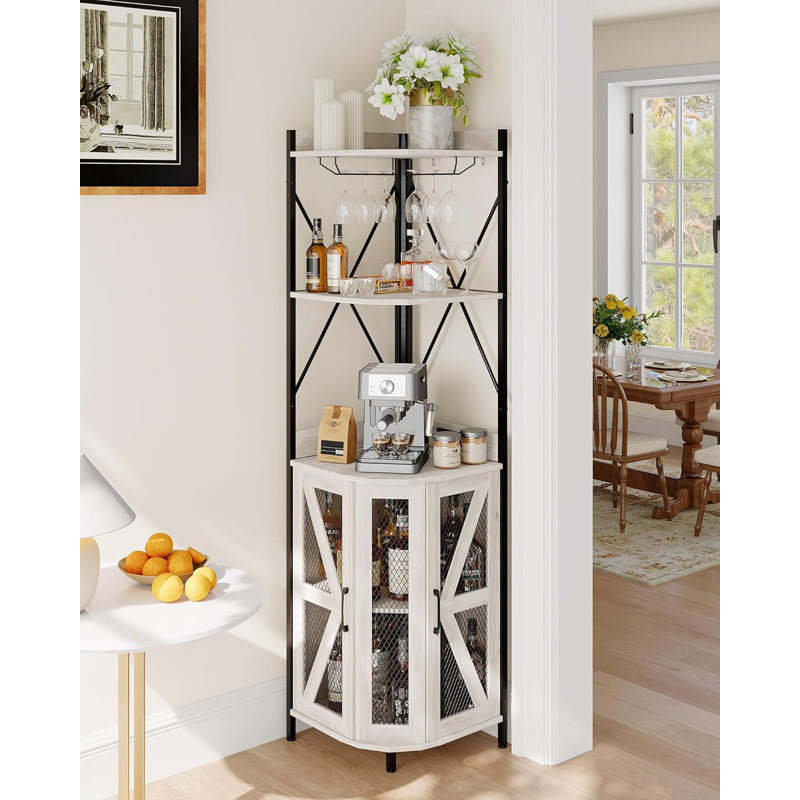 72'' Corner Wine Cabinet with Power Outlet, Industrial 5-Tiers Liquor Cabinets Bar, Gray