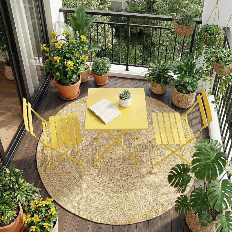 Ensemble bistro de patio 3 pièces - Ensemble de mobilier de patio pliant en métal, ensemble bistro extérieur / intérieur et chaises, aucun assemblage requis, pour balcon, cour, jardin, jaune