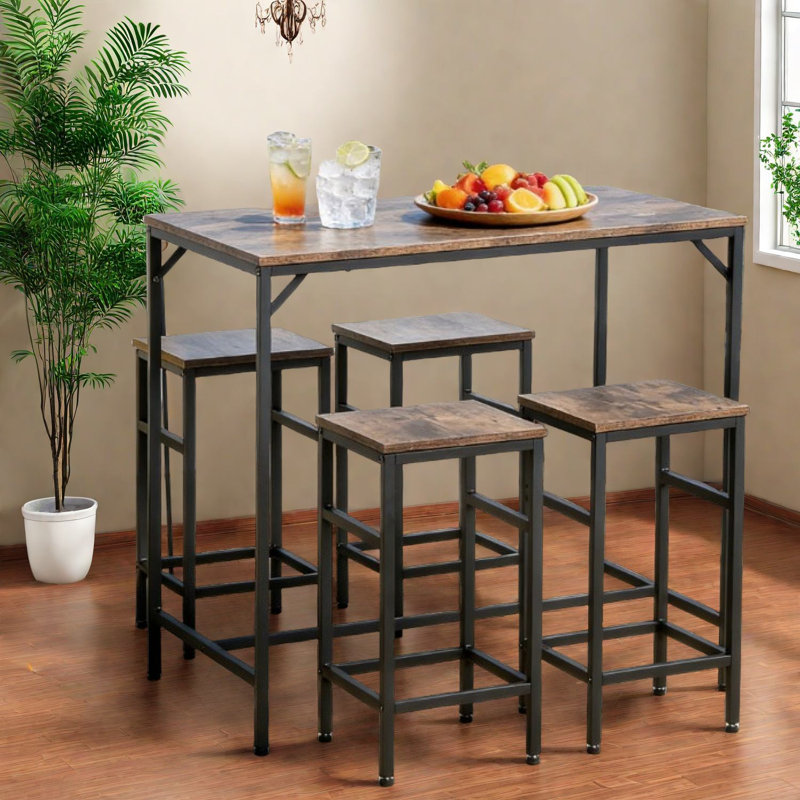 Ensembles de table de salle à manger 5 pièces peu encombrants avec finition robuste en acier et brun rustique pour les cuisines modernes