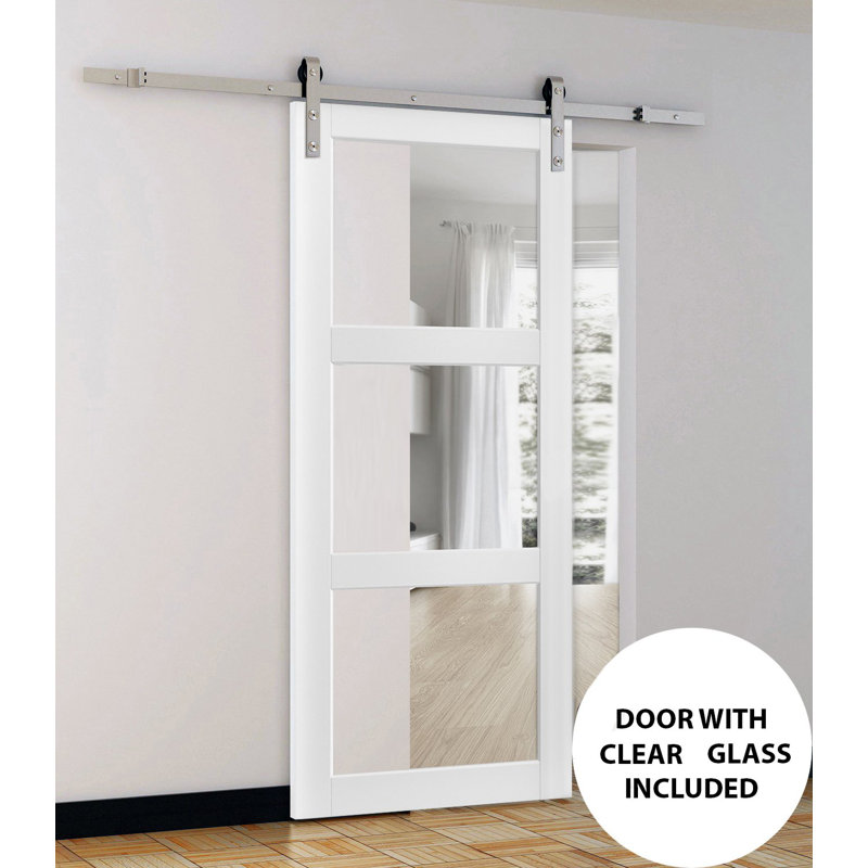Porte de grange blanche en verre transparent Lucia avec trousse de quincaillerie d'installation, 42 po x 96 po