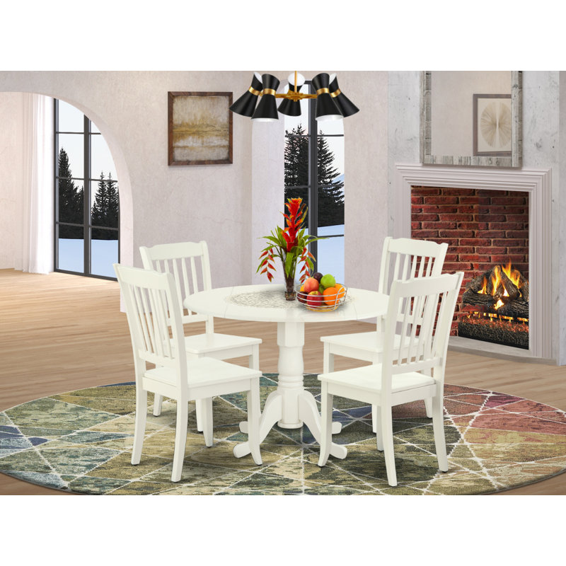 5 Piece Dining Room Furniture Set Includes a Round Kitchen Table with Dropleaf and 4 Dining Chairs, Linen White, Linen White