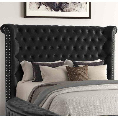 Style King Size Round Bed With Black Velvet Upholstery, Crystal Buttons, And Ports Storage For Bedroom, - Like Button Headboard