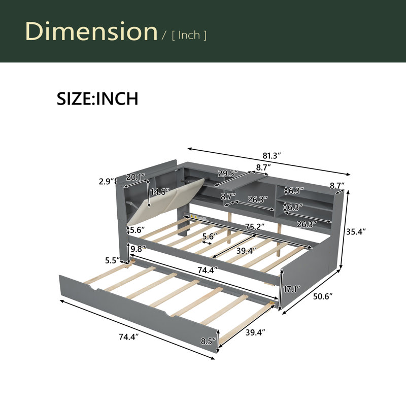 Lit plateforme, tablettes et tête de lit en bois, Gris / Blanc, Lit simple